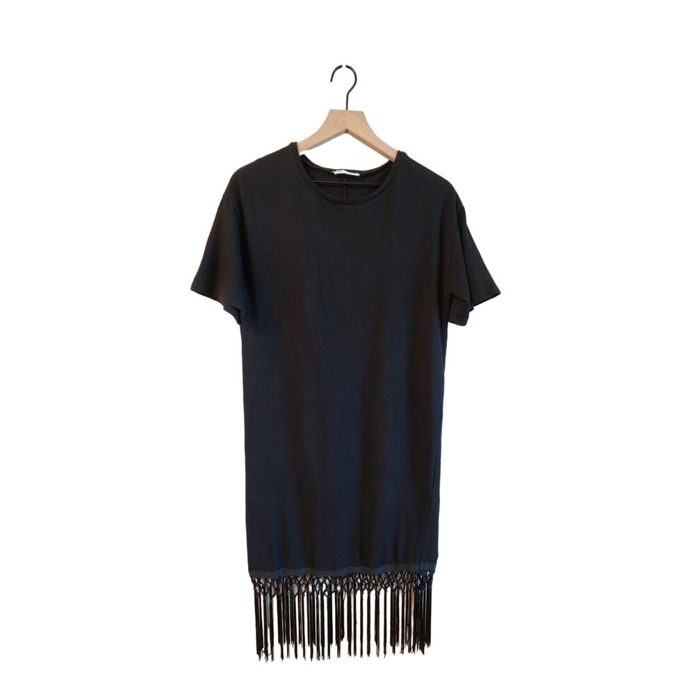 Zara Black Crewneck Short Sleeve Dress Fringe SZ Small Minimalist